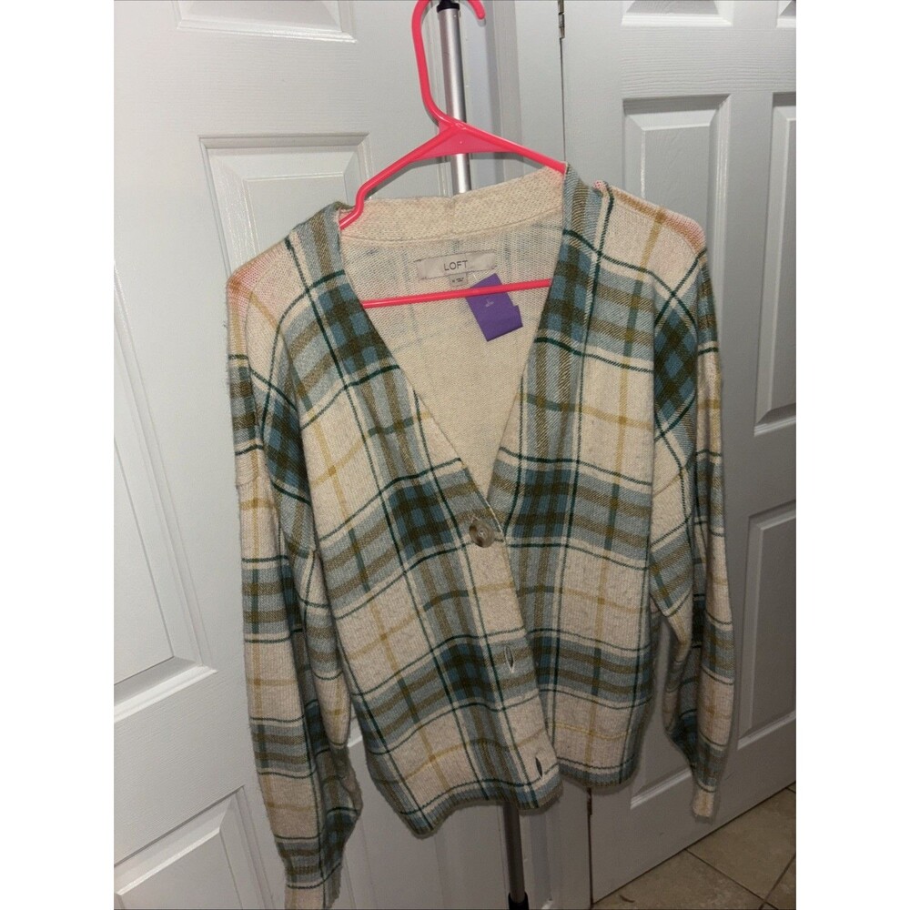 LOFT IVORY & GREEN PLAID CARDIGAN  SWEATER COTTON BLEND SIZE MED